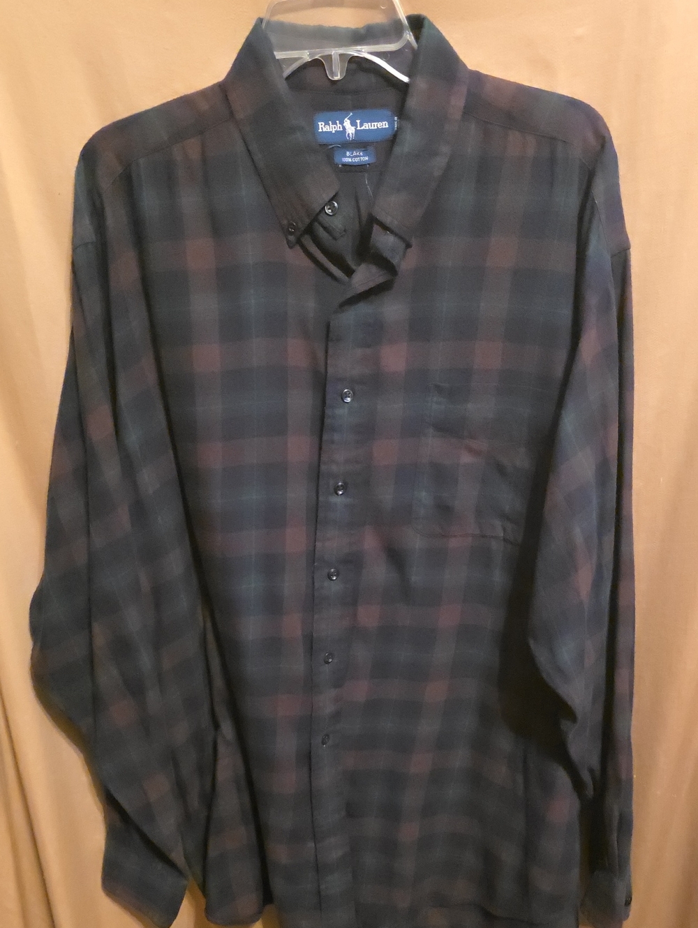 Mens' Dark Plaid Polo Button Down Shirt XL